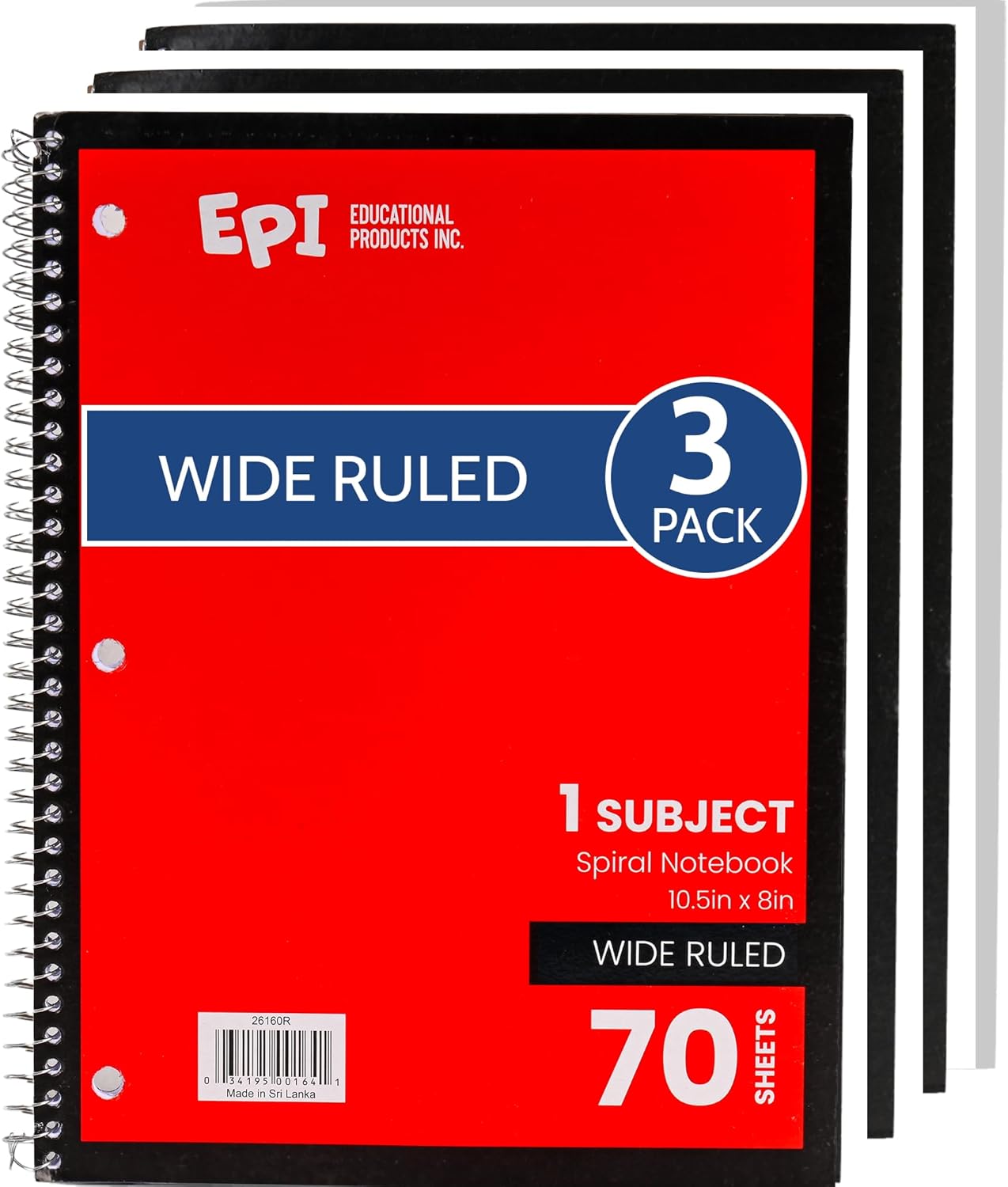 EPI Spiral Notebook | Wide - 70 Sheets, Durable Spiral Binding | 10.5 x 8 in | Classroom Supplies | School, Office, Note Taking, Journaling - 12 Pack