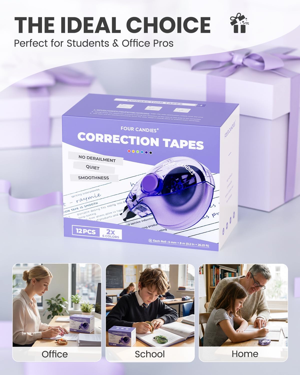 Four Candies Silent Correction Tape, White Correction Tape 6 Pack, 26.2ft, Ergonomic Easy-to-Use Applicator, Fast Clean Instant Corrections, Smooth High-Opacity Tear-Resistant Office & School Supplies
