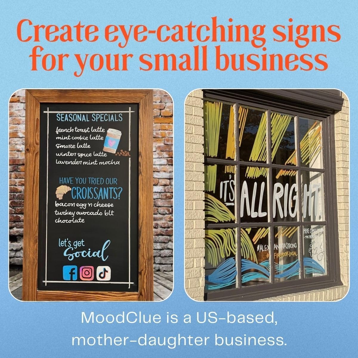 MoodClue Liquid chalk markers 12 neon erasable Whiteboards, glass boards, chalkboards, windows, mirrors, car windshields, auto, glass. Odorless, non-toxic. Wet or dry erase. Thick and thin tip