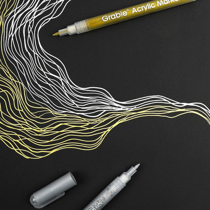 Grabie Black & White Extra Fine Tip Acrylic Paint Marker Set, 6 Pack, 0.7mm Acrylic Paint Pens for Highlights and Fine Details on Drawings, Rock Painting Glass Canvas Wood, White Highlight Markers