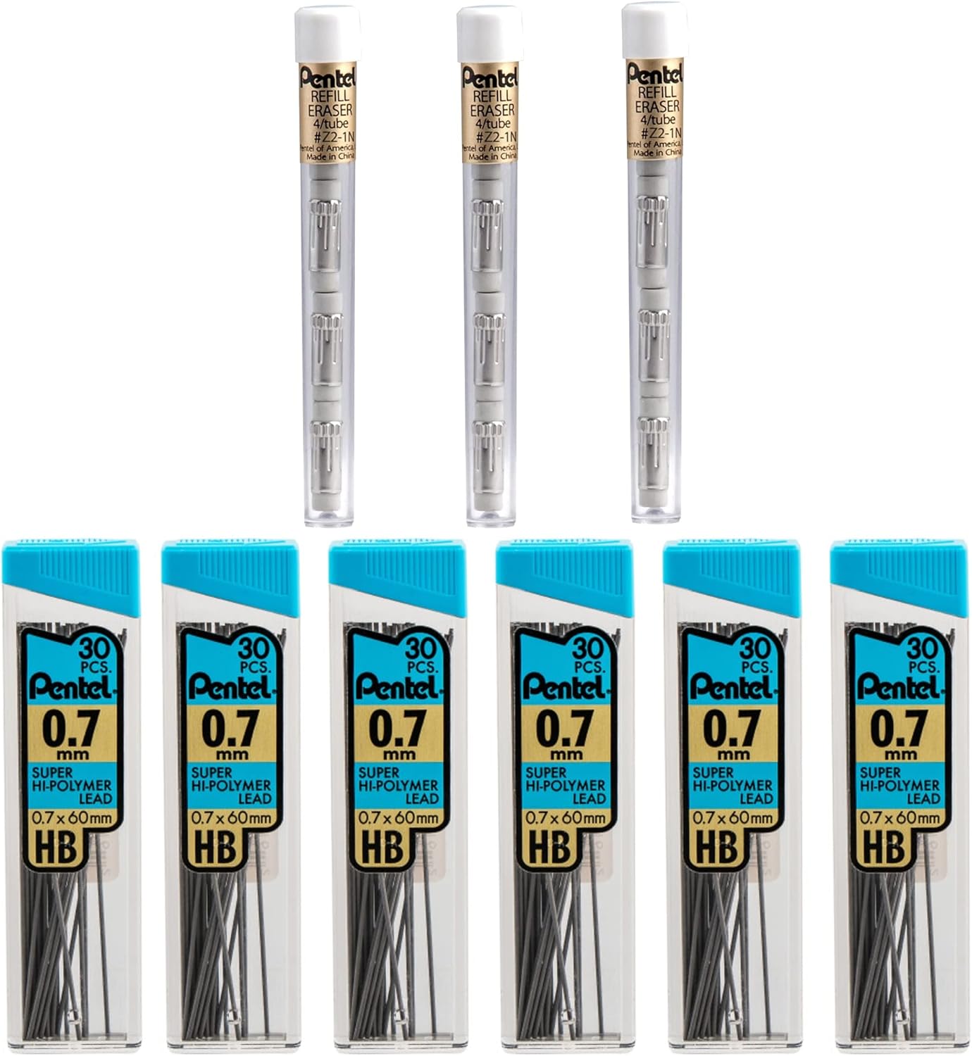 Pentel Super Hi-Polymer HB 7mm Lead Refill Pack - 6 Packs of 30 Leads & 3 Packs of 4 Latex-Free White Erasers - Mechanical Pencil Refills