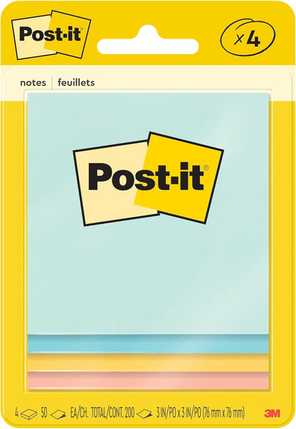 Post-it Notes, 3 in x 3 in, 4 Sticky Note Pads, 50 Sheets per Pad, Beachside Café Collection, School Supplies and Office Products
