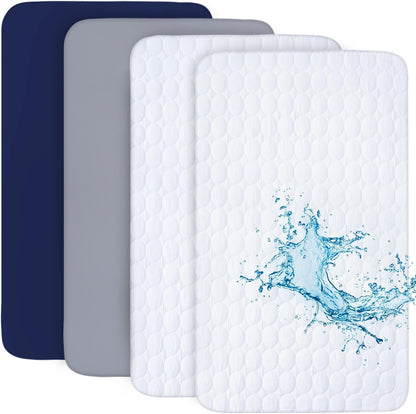 Pack and Play Sheets and Waterproof Pack n Play Mattress Protector Pad Cover 4 Pack Set, Ultra Soft Pack n Play Mattresses Sheets Compatible with Graco Pack n Play, Grey&Navy