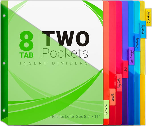 8-Tab Dividers for 3-Ring Binders, 16 Counts 3 Holes Index Dividers with 2 Pockets, Insertable 8 Tabs Binder Divider for 0.5''/1''/2''/3'' Inch Binders, 8 Colors