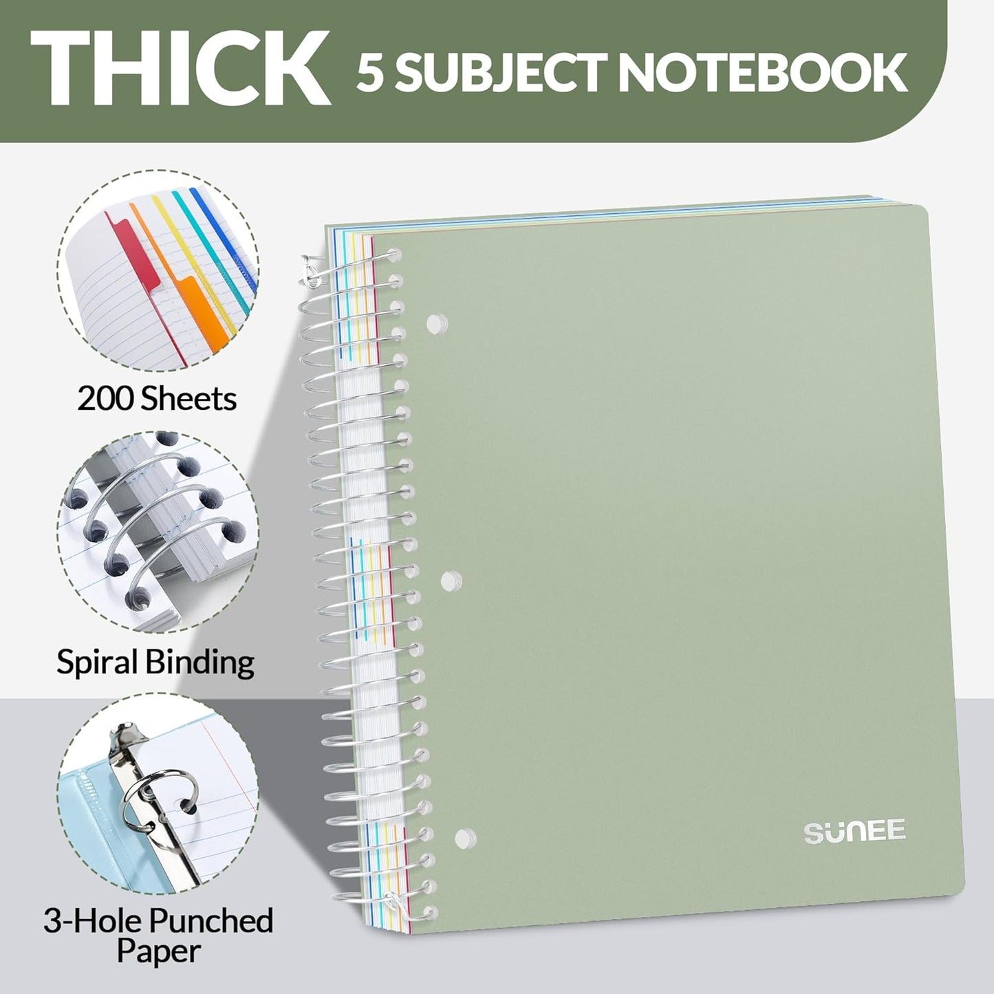 SUNEE 5 Subject Graph Paper Notebook - 400 Pages, 9"x11", 4x4 Graph Ruled Notebook, 5 Pocket Colored Dividers, 3-Hole Punched Paper, Black