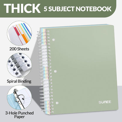 SUNEE 5 Subject Graph Paper Notebook - 400 Pages, 9"x11", 4x4 Graph Ruled Notebook, 5 Pocket Colored Dividers, 3-Hole Punched Paper, Black