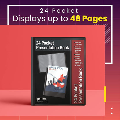 Better Office Products 24 Pocket Bound Presentation Book, Black, Clear View Front Cover, 48 Sheet Protector Pages, 8.5" x 11" Sheets, Art Portfolio, Durable Poly Covers, Letter Size (2 Pack)