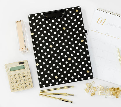 Kate Spade New York Clipboard Folio with Low Profile Clip, Black Professional Padfolio Includes Lined Notepad, Pen Loop, and Pocket, Polka Dots