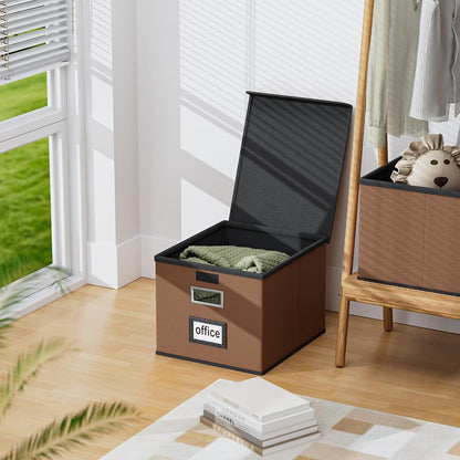 Huolewa Upgraded Portable File Organizer Box with Lid, Collapsible Linen Hanging Filing Storage Boxes with Plastic Slides, Decorative Home/Office Filing System Box for File and Folders Storage (Gray)