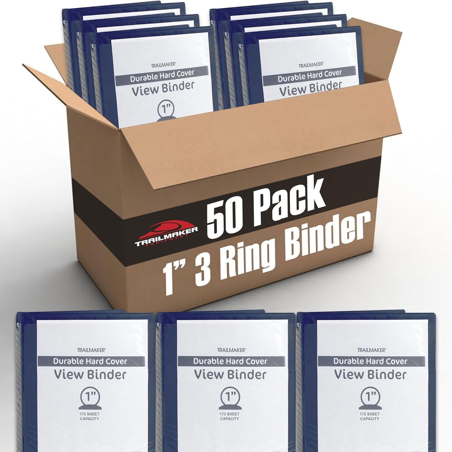 Trail Maker 1 inch Binders (50 Pack), 3 Ring Hardcover Binders in Bulk with Clear View Cover, Pockets for Classroom, Office, Portfolios | Bulk School, Teacher, Office Supplies (White Only Pack)