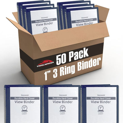 Trail Maker 1 inch Binders (50 Pack), 3 Ring Hardcover Binders in Bulk with Clear View Cover, Pockets for Classroom, Office, Portfolios | Bulk School, Teacher, Office Supplies (White Only Pack)