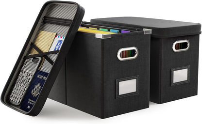 Oterri File Organizer Box with Lid, Hanging Filing File Box with Mesh Pocket, Document Organizer Box for Letter Files, Portable Storage Box with Smooth Sliding Rail for Office&Home (1 PCS, Beige)