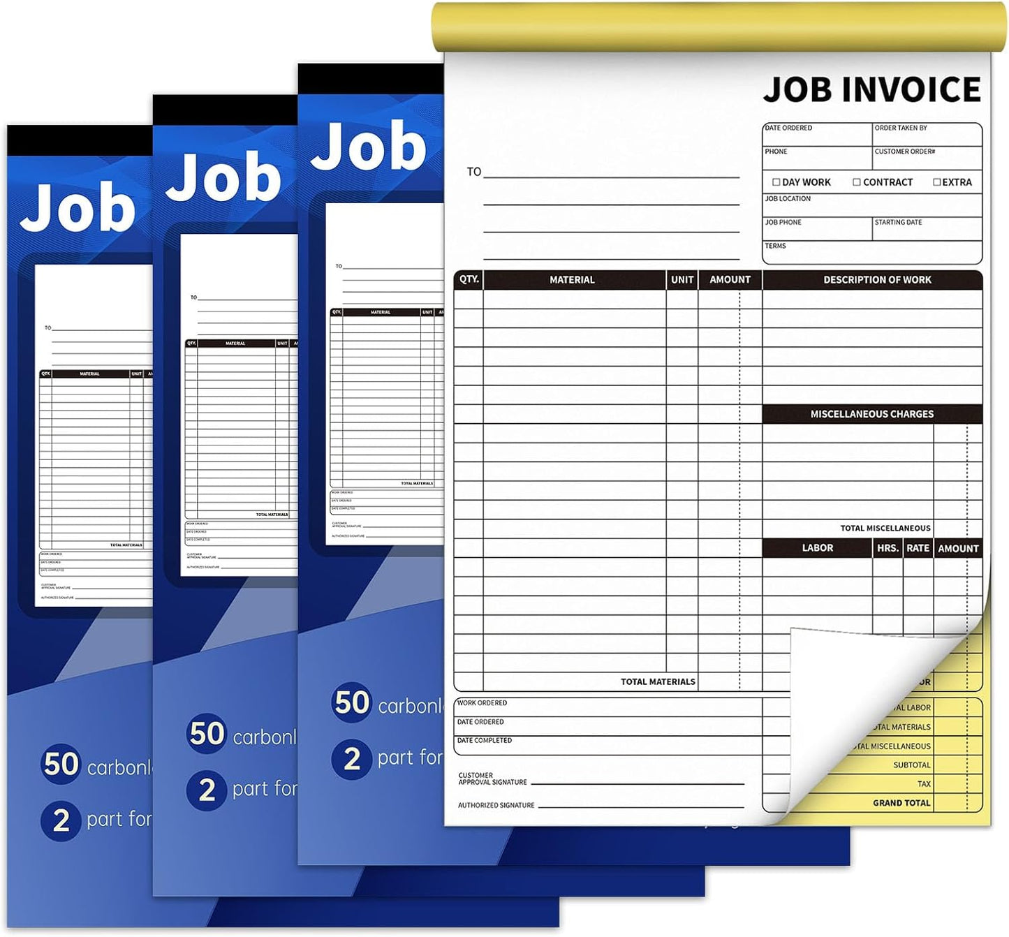 Carbonless Work Order Forms,7.5 x 11 inches Invoices for Small Business,Sales Order Book with Backing Board, 2-Part Receipt with Carbon Copy, 50 Sets