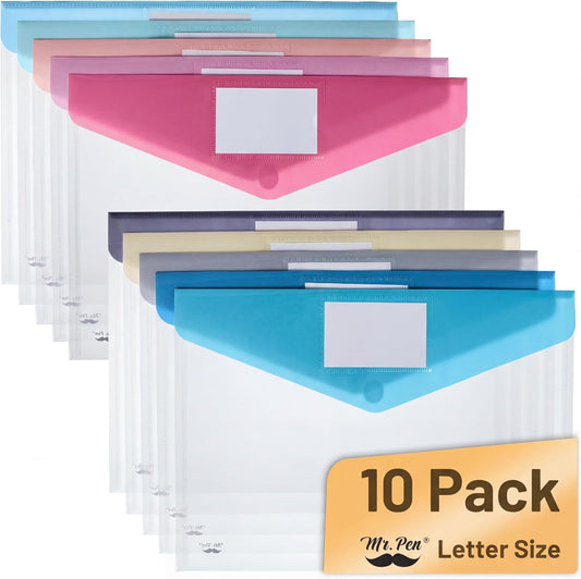 Mr. Pen- Clear Plastic Envelopes File Folders, 10 Pack, A4, Letter Size, Colorful Flaps, Clear Folders for Documents Plastic Poly Envelopes with Label for School, Home, Work, Office, Organizer