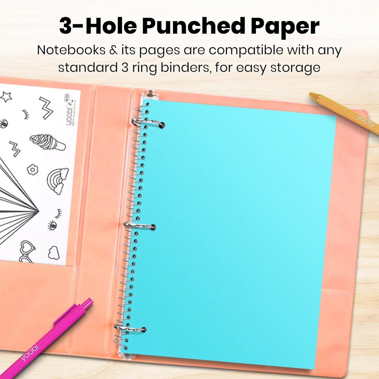 Yoobi College Ruled 8 x 10.5” Spiral Notebook Set – 3-Pack of 1 Subject Notebooks, Pink, Purple & Black Celestial Patterns – 150 Perforated 3-Hole Punched Sheets