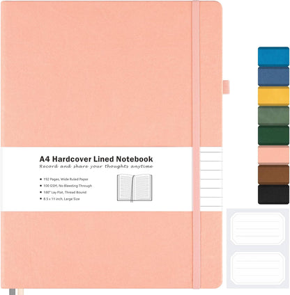 College Ruled Notebook, A4 Hardcover Leather Notebook for Work, Lined Notebook Journal for Women, Men, 192 Thick Paper, Lay Flat, Large Notebook with 2 Pockets, Professional Business Notebook, Black