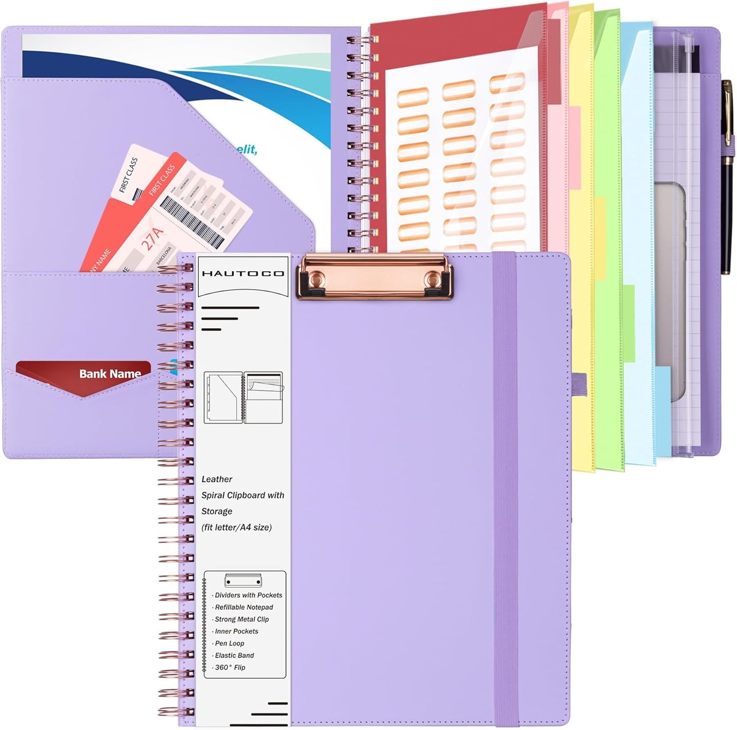 HAUTOCO Spiral Leather Clipboard Folio with Notepad (8.5 x 11''), 5 Folders with 10 Pockets, Storage Zipper Pouch, Pen Loop, 39 Stickers, Padfolio Organizer for Work School, Pink