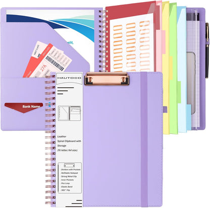 HAUTOCO Spiral Leather Clipboard Folio with Notepad (8.5 x 11''), 5 Folders with 10 Pockets, Storage Zipper Pouch, Pen Loop, 39 Stickers, Padfolio Organizer for Work School, Pink