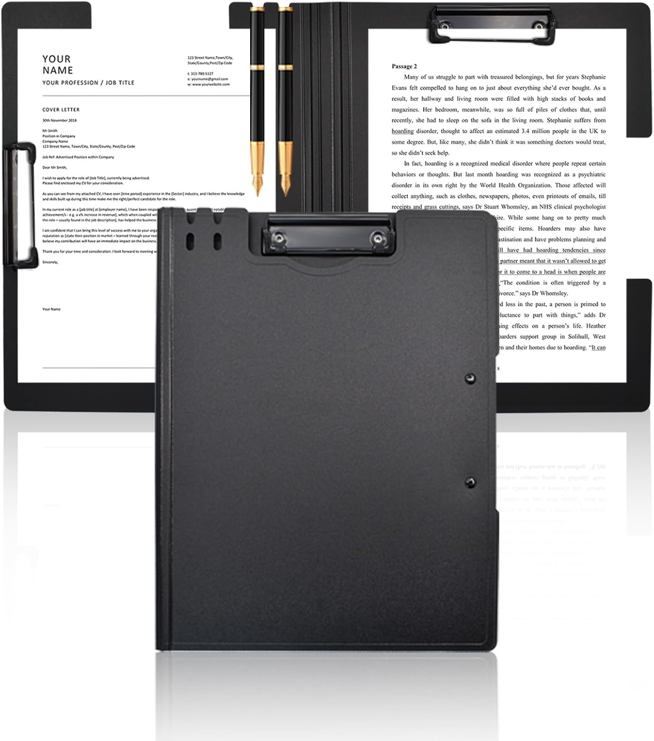VANRA Clipboard Folder A4 File Cover Clipboards with Double Metal Clips, Plastic Foldable Binder Clipboard with Pen Holder for Office School Classroom (Black)