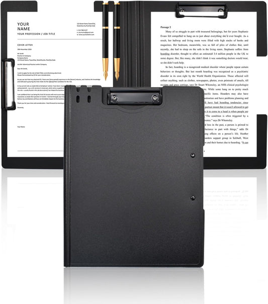 VANRA Clipboard Folder A4 File Cover Clipboards with Double Metal Clips, Plastic Foldable Binder Clipboard with Pen Holder for Office School Classroom (Black)
