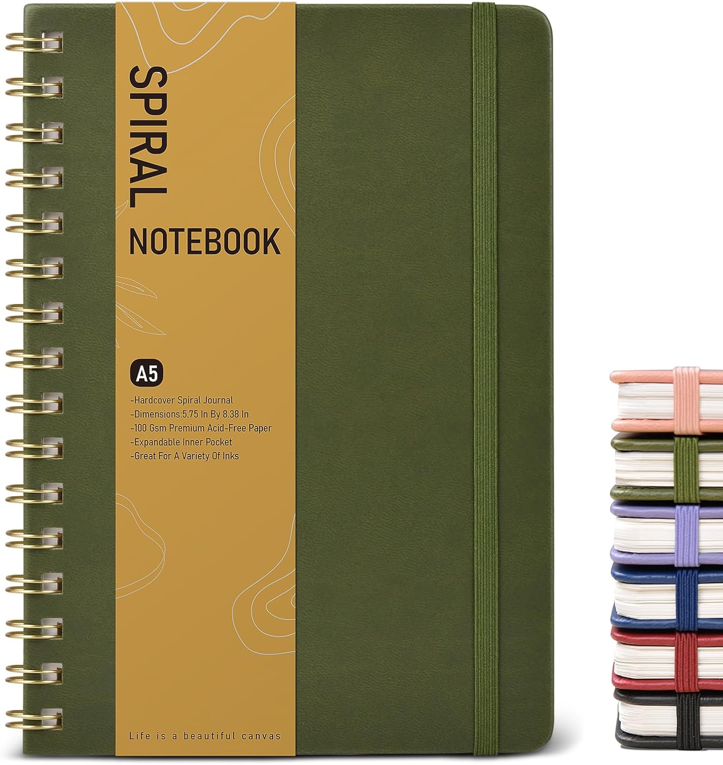 Lined Spiral Journal Notebook, A5 Hardcover Spiral Journals for Women Men, 150 Numbered Pages Spiral Bound Notebook, 100 GSM College Ruled Notebooks for Work, Note Taking 5.75" x 8.38", Olive Green