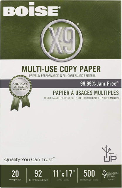 Boise X-9 Multi-Use Printer & Copy Paper, 5 Reams, White, Ledger (11in x 17in), 2500 Sheets Per Case, 20 Lb, 92 Brightness