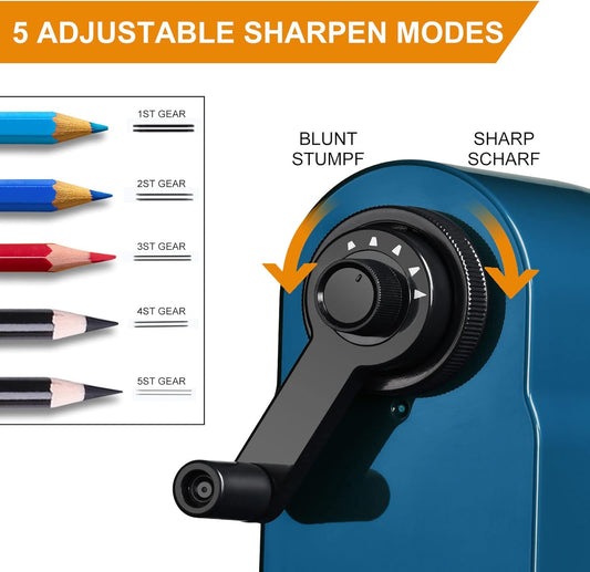 Manual Pencil Sharpener Hand Crank Pencil sharpeners for Kids Adjustable in 5 Grades of Thickness Suitable for Kids,Artists,Students,and Office (Blue)