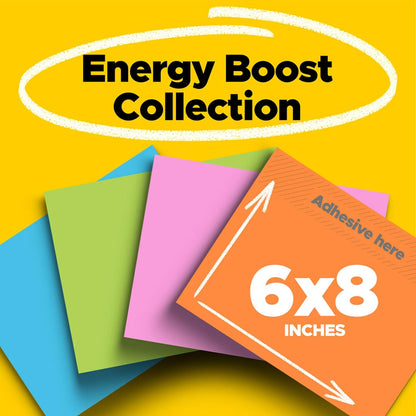 Post-it Super Sticky Lined Notes, 4 Sticky Note Pads, 8 x 6 in., School Supplies, Office Products, Sticky Notes for Vertical Surfaces, Monitors, Walls and Windows, Energy Boost Collection