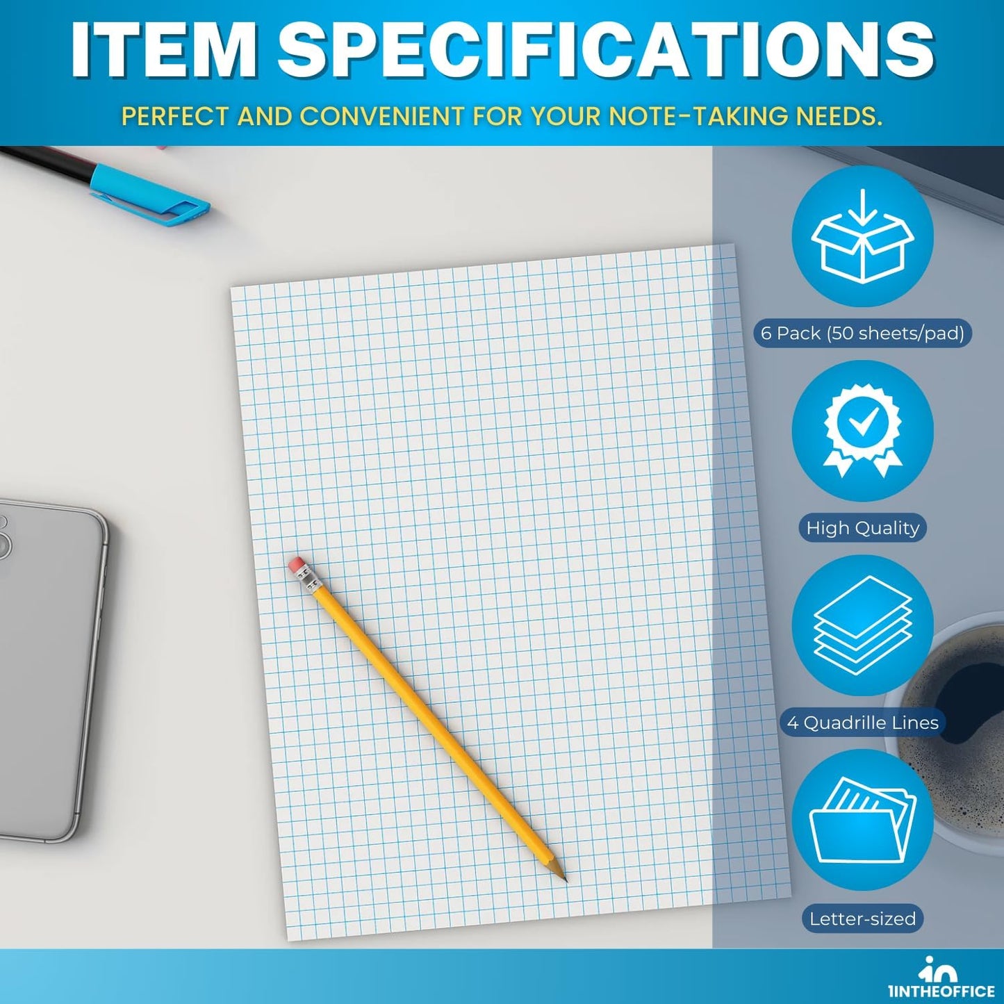 1InTheOffice Graph Pads, 8.5" x 11", Quadrille Pad 8.5 x 11, 50 Sheets/Pad (6 Pack)