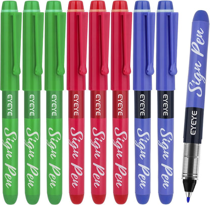 EYEYE Sign Pens 9 Pack (Black Blue Red Green)- 1.0mm Nib Tip - 0.6mm Line, Liquid Ink Sign Pen Smooth Writing - Fineliner Marker Pens Quick Drying
