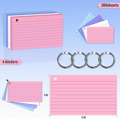 200 Count 3 x 5 Inch Purple Index Cards with Binder Rings, Lined & Blank Study Cards, Thick Cardstock Flash Cards for Students & Teachers, Color-Coded Notecards for School, Home, Work