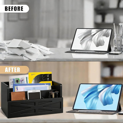 Rustic Wood Mail Organizer Countertop with 4 Slots, Black Mail Holder for Desk, Removable Dividers Mail Sorter, Letter Bill File Organizer for Home Office Classroom, Desktop Organizer with Free Labels