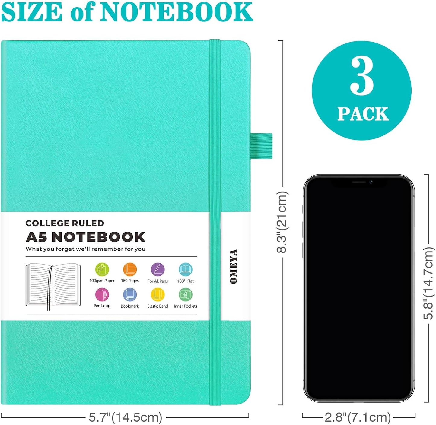 Lined Journal Notebook, 3 Pack A5 College Ruled Notebooks for Work, Hardcover Notebook Each with 2 Pockets & Pen, Leather Journal for Women, Men, 160 Pages, 100GSM Thick Paper (Black, Brown, Grey)