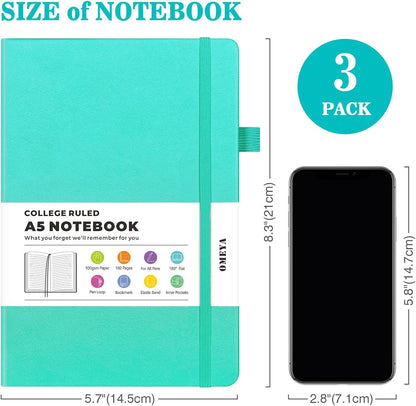 Lined Journal Notebook, 3 Pack A5 College Ruled Notebooks for Work, Hardcover Notebook Each with 2 Pockets & Pen, Leather Journal for Women, Men, 160 Pages, 100GSM Thick Paper (Black, Brown, Grey)