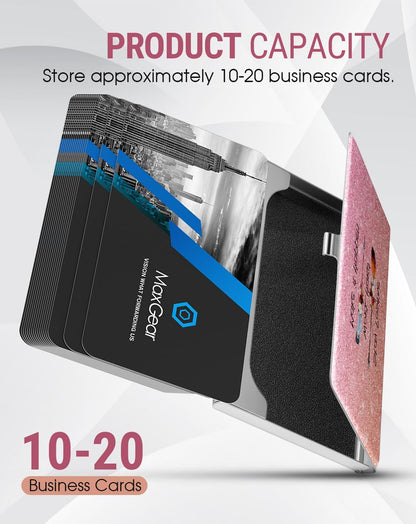 MaxGear Metal Business Card Holder for Men & Women, Professional Stainless Steel Card Case for Business Cards, Slim Purse Name Card Holders with Interior Lining, Buckle Style Shut, Black