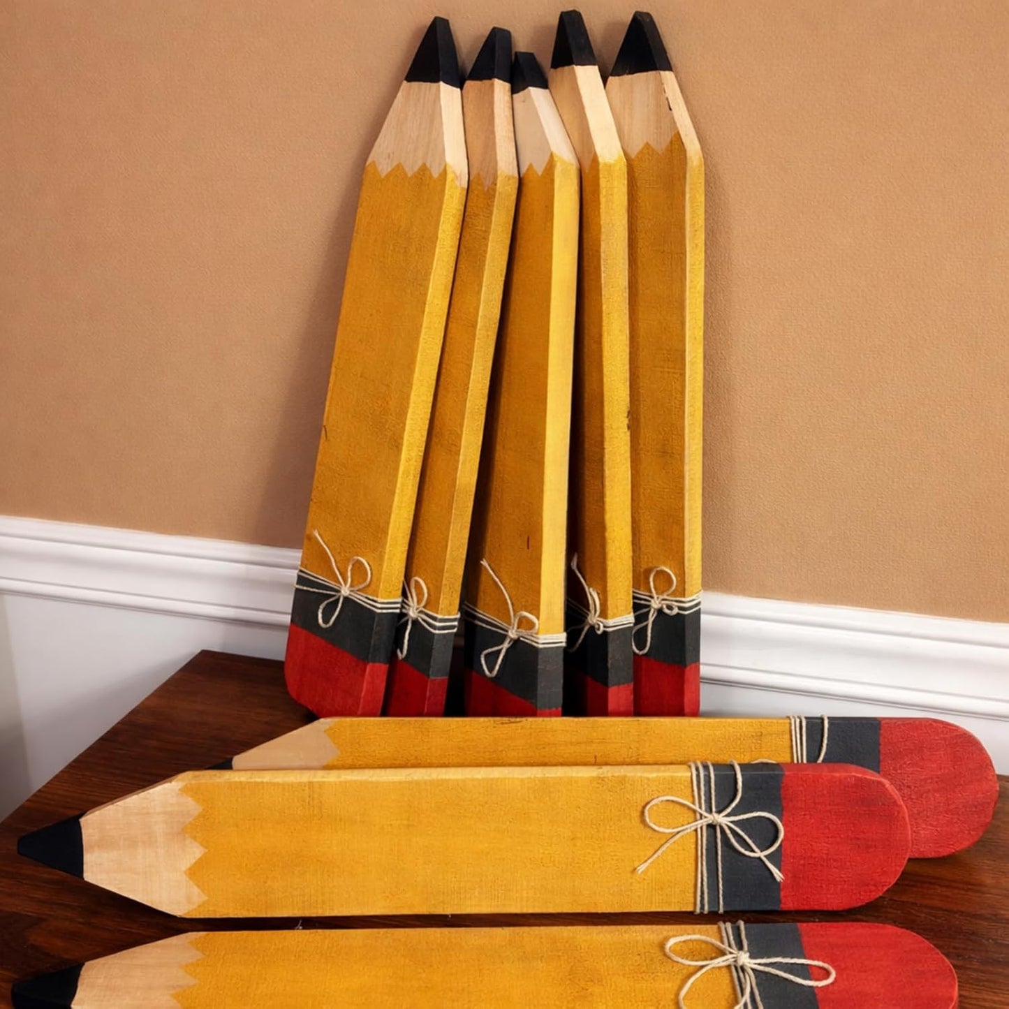 Novabright 7 Pcs Back to School Wooden Pencil Tiered Tray Decor First Day of School Pencil Signs Farmhouse Rustic Table Centerpiece Tabletop Ornaments for Classroom Teacher Desk Shelf Display Home