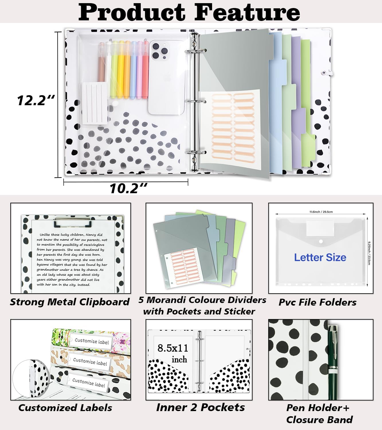 3 Ring Binder 1 Inch, Three Ring Binders Organizer with Clipboard, 5-Tabs Pockets Dividers, Plastic Folder, 18 Divider Stikers, BVSSX Pretty Binder with Pen Loop (Black Weeds, Letter Size)