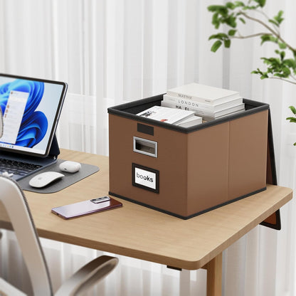 Huolewa Upgraded Portable File Organizer Box with Lid, Collapsible Linen Hanging Filing Storage Boxes with Plastic Slides, Decorative Home/Office Filing System Box for File and Folders Storage (Gray)