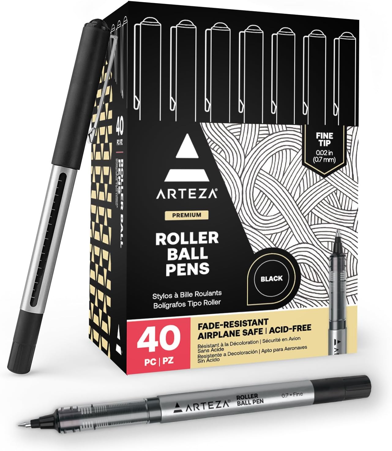 ARTEZA Rollerball Pens, 20 Pack Black Roller Ball Pens, 0.5 mm Needle Point Extra Fine Tip, Quick-Dry Fade-Resistant Liquid Ink for Note-Taking, Bullet Journals, Planners, and Office Use