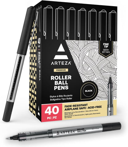 ARTEZA Rollerball Pens, 20 Pack Black Roller Ball Pens, 0.5 mm Needle Point Extra Fine Tip, Quick-Dry Fade-Resistant Liquid Ink for Note-Taking, Bullet Journals, Planners, and Office Use