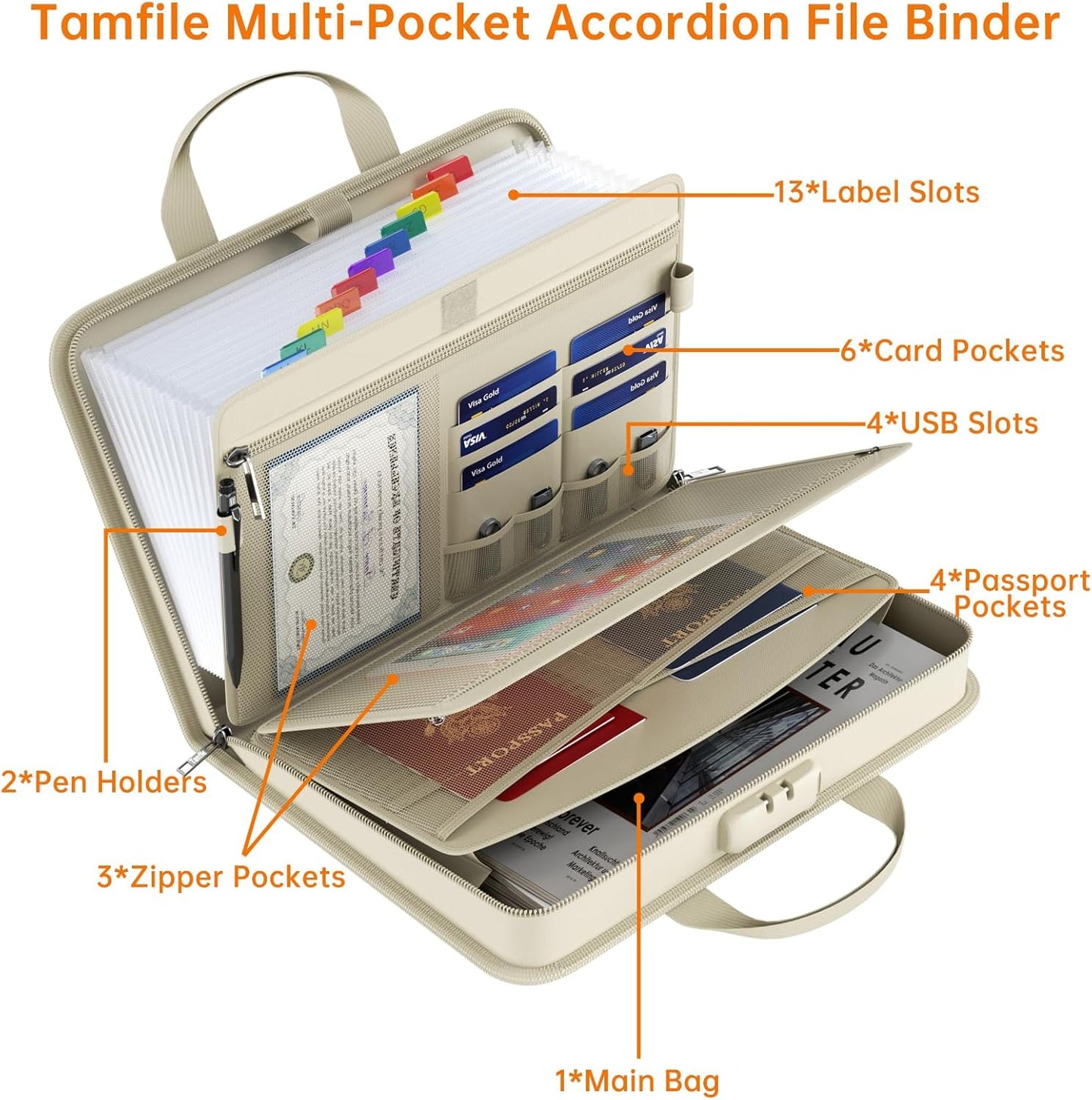 5200℉ Fireproof Accordion File Organizer with Lock, Thickened Document Organizer 13 Pocket with Zipper & Labels, Important Document Organizer, Expanding File Folder with Handle for Letter A4 (Grey)