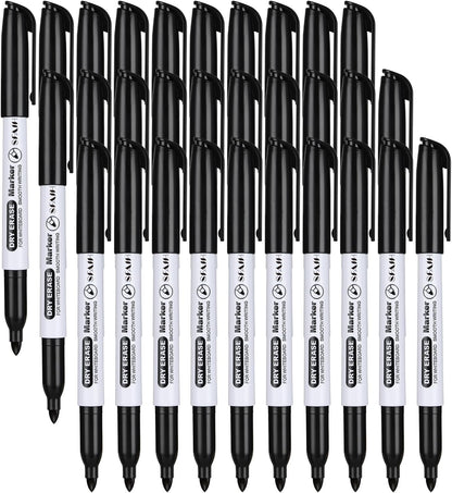 SFAIH Fine Tip Dry Erase Markers - 24 Pack Black Whiteboard Erasable Markers Bulk for Kids Adults, Ideal for Classroom School Office Home Use on White Board, Non-Toxic Easy Clean