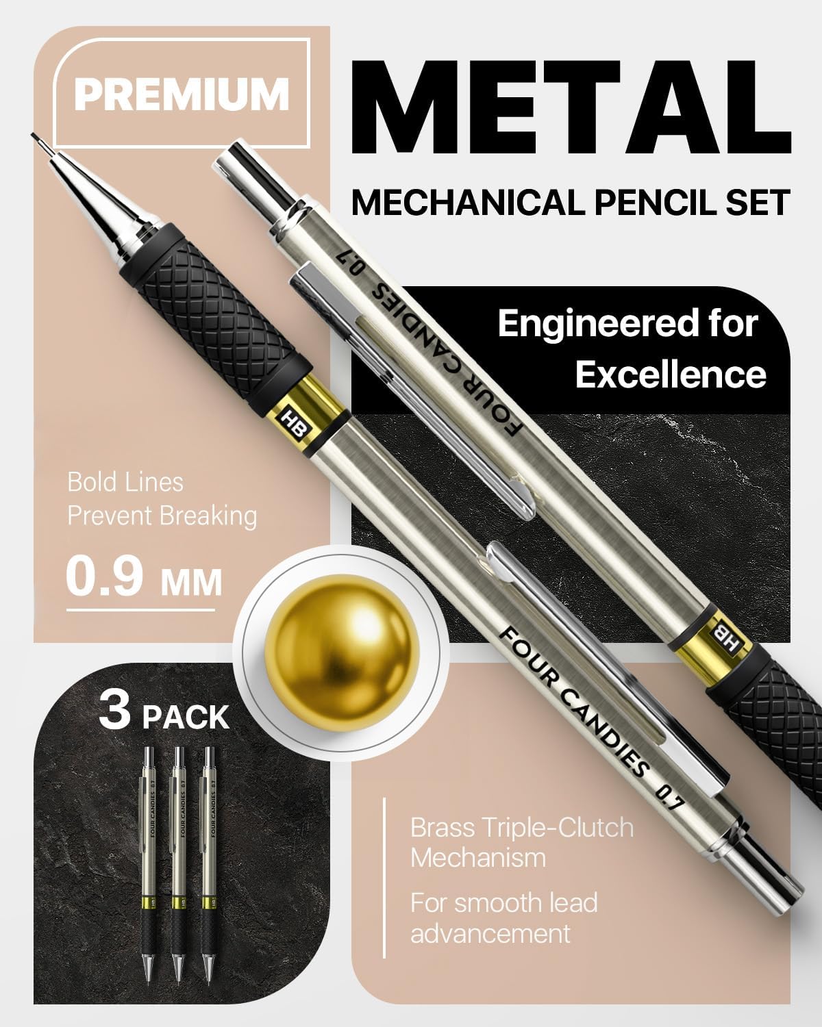 6PCS Metal Mechanical Pencil Set with 0.7mm Medium Point, 360 Leads, 12 Erasers, Art Mechanical Pencils Pack with Storage Case for School Writing, Sketching, Drawing & Professional Drafting