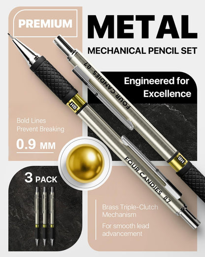 6PCS Metal Mechanical Pencil Set with 0.7mm Medium Point, 360 Leads, 12 Erasers, Art Mechanical Pencils Pack with Storage Case for School Writing, Sketching, Drawing & Professional Drafting