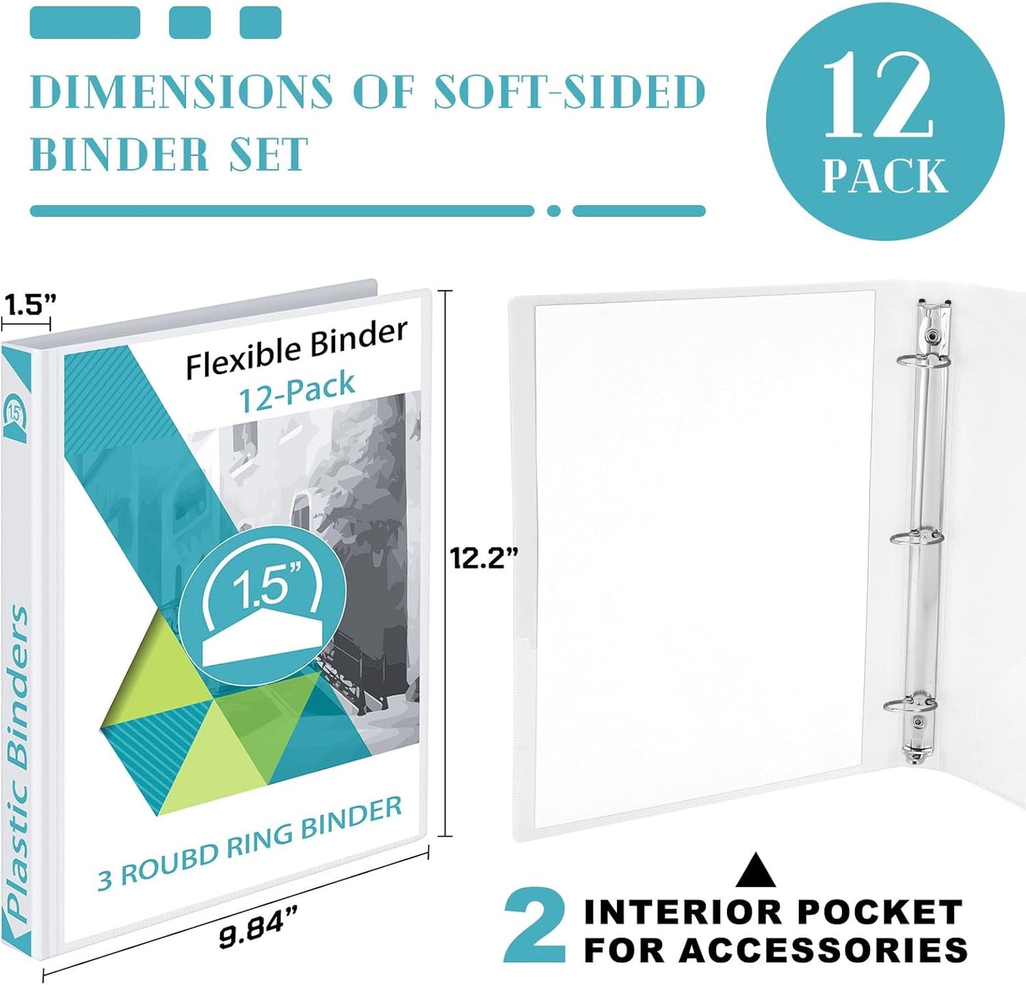 Fulmoon 12 Pcs Economy View 3 Ring Plastic Binder 12.2 x 9.8 Inch Plastic Round Ring Binders with Pockets Notebinder for Meetings for Home, Office, School(White, 1/2 Inch)