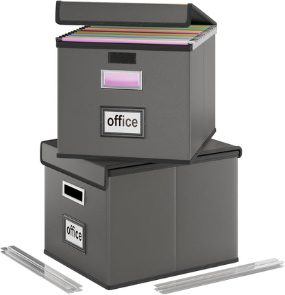 Huolewa Upgraded Portable File Organizer Box with Lid, Collapsible Linen Hanging Filing Storage Boxes with Plastic Slides, Decorative Home/Office Filing System Box for File and Folders Storage (Gray)