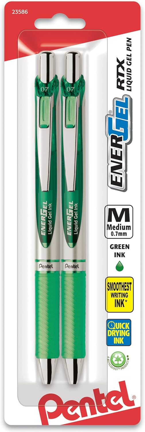 Pentel EnerGel RTX Retractable Liquid Gel Pen, Medium Line, Metal Tip, Pink/Violet Ink, 2-Pack (BL77BP2PV)