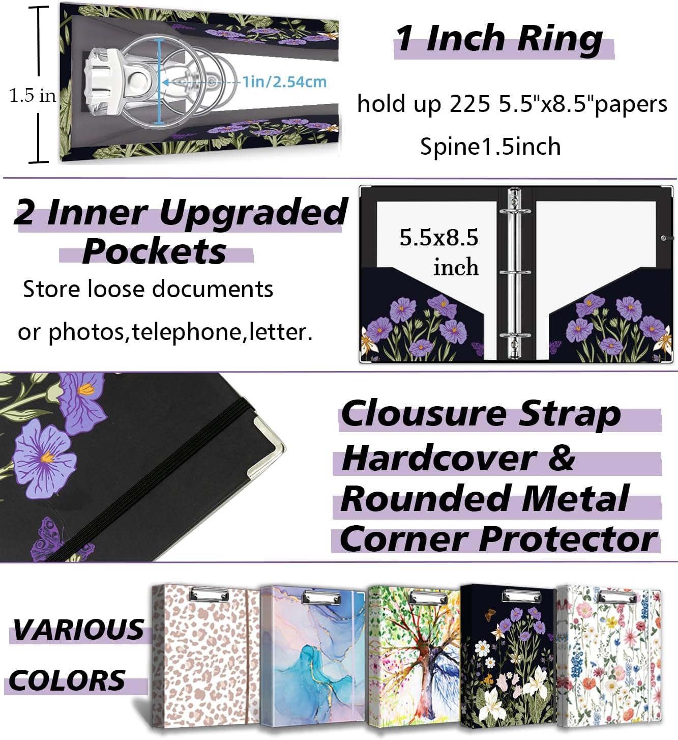 3 Ring Binder 1 Inch, Three Ring Binders Organizer with Clipboard, 5-Tabs Pockets Dividers, Plastic Folder, 18 Divider Stikers, BVSSX Pretty Binder with Pen Loop (Black Weeds, Letter Size)