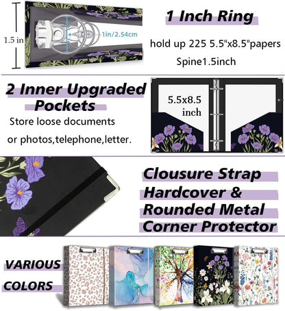 3 Ring Binder 1 Inch, Three Ring Binders Organizer with Clipboard, 5-Tabs Pockets Dividers, Plastic Folder, 18 Divider Stikers, BVSSX Pretty Binder with Pen Loop (Black Weeds, Letter Size)