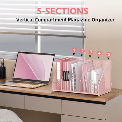 SUPEASY Binder Organizer, Magazine File Holder with 5 Vertical Compartments Rack, Metal Desk File Organizer & Binder Holders, Magazine Organizers for Office Desktop, Home, School, Classroom (Black)